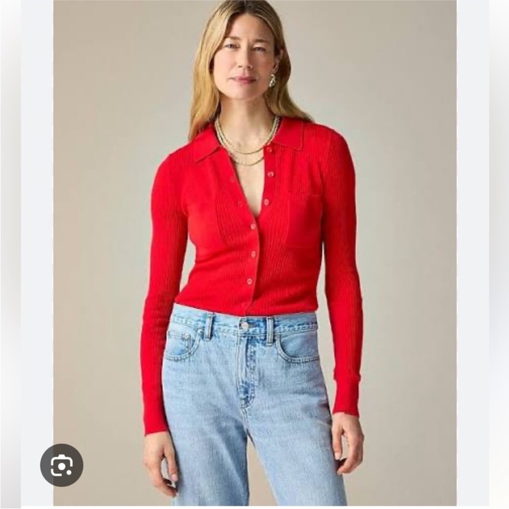 J. Crew Collared Button-up Sweater in Merino Wool Blend, XS in Bright Rouge